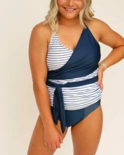 Pinstripe Wrap Tie Tankini